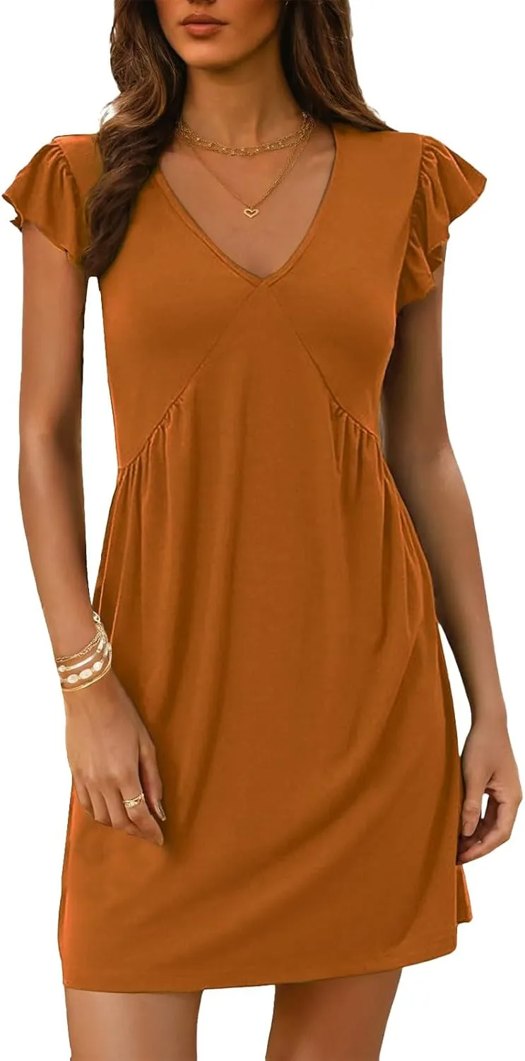 ZWRXW Women's Summer Dresses 2025 Elegant Ruffle Sleeve Mini Dresses Casual Deep V Neck Loose Sundress Vacation Beach Dress
