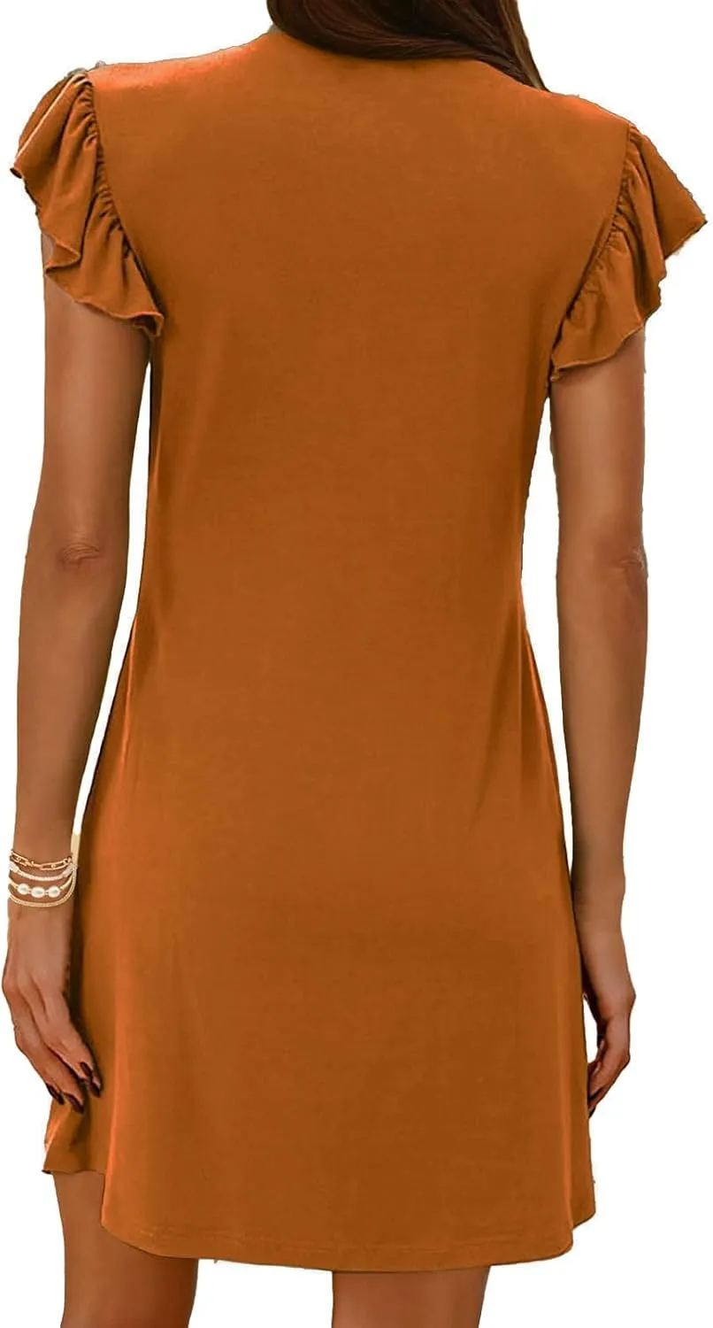 ZWRXW Women's Summer Dresses 2025 Elegant Ruffle Sleeve Mini Dresses Casual Deep V Neck Loose Sundress Vacation Beach Dress